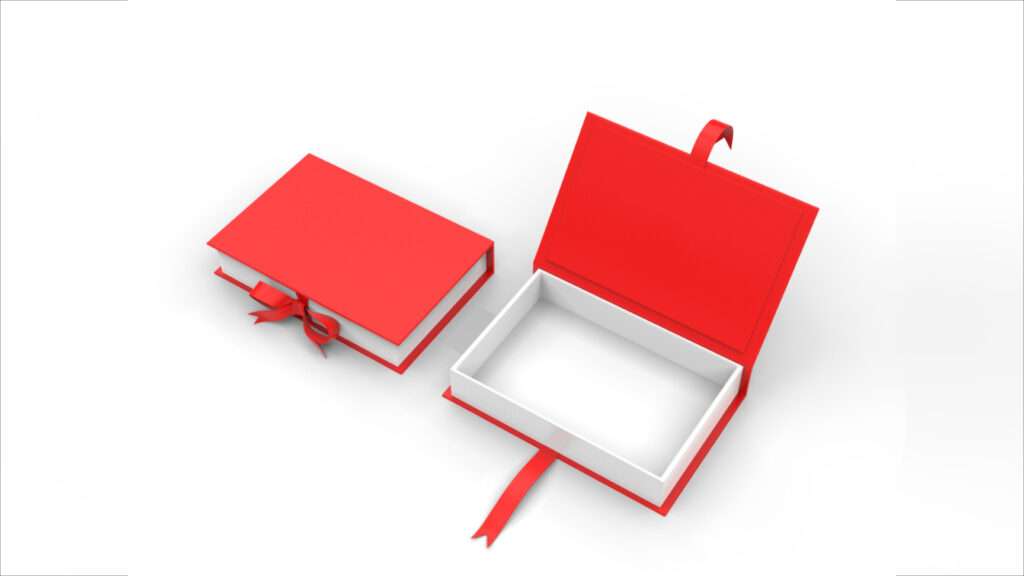 A red box with a white ribbon, sitting on a white background