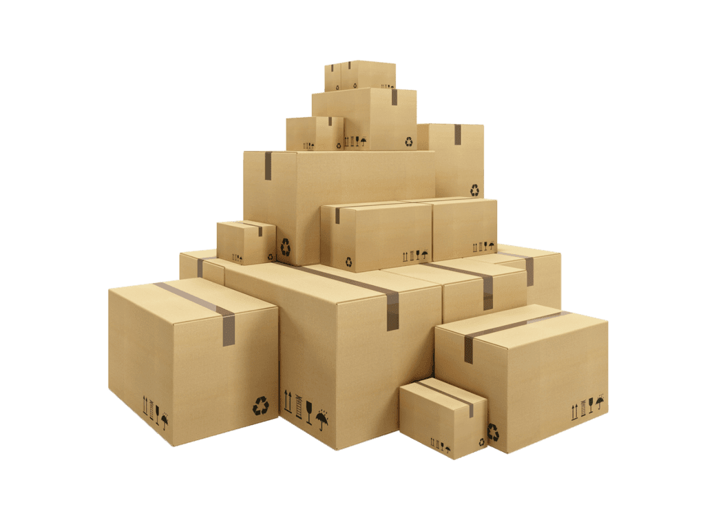 A large pile of stacked and bundled corrugated cardboard boxes filling a warehouse