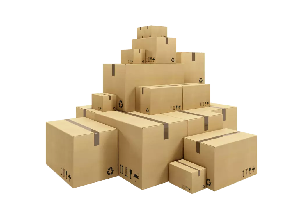 A large pile of stacked and bundled corrugated cardboard boxes filling a warehouse