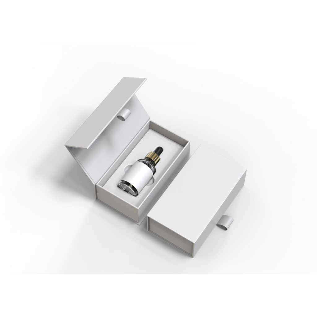 White perfume gift box with a gold ribbon